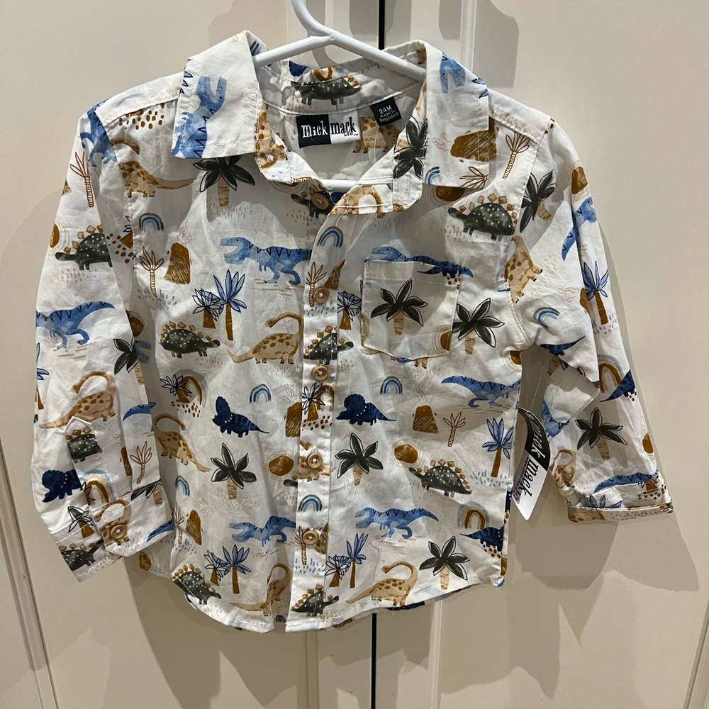 Mick and Mack 2t Kids Dinosaur Print Shirt - White and Blue